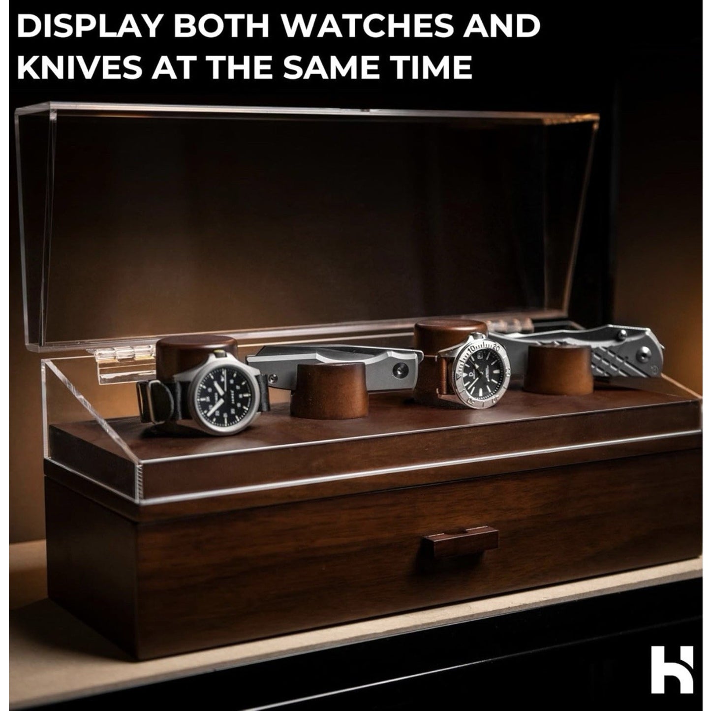Holme & Hadfield Watch & Knife Display Case The Combo Deck - Walnut (New In Box)