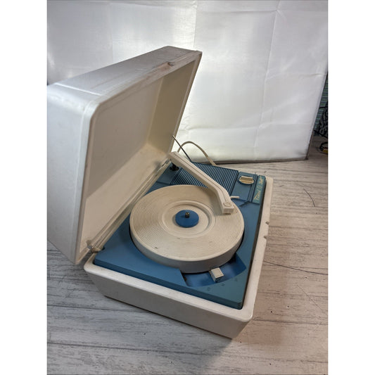CONCERT HALL Record Player 12x8" Model 211B. White With Blue Handle