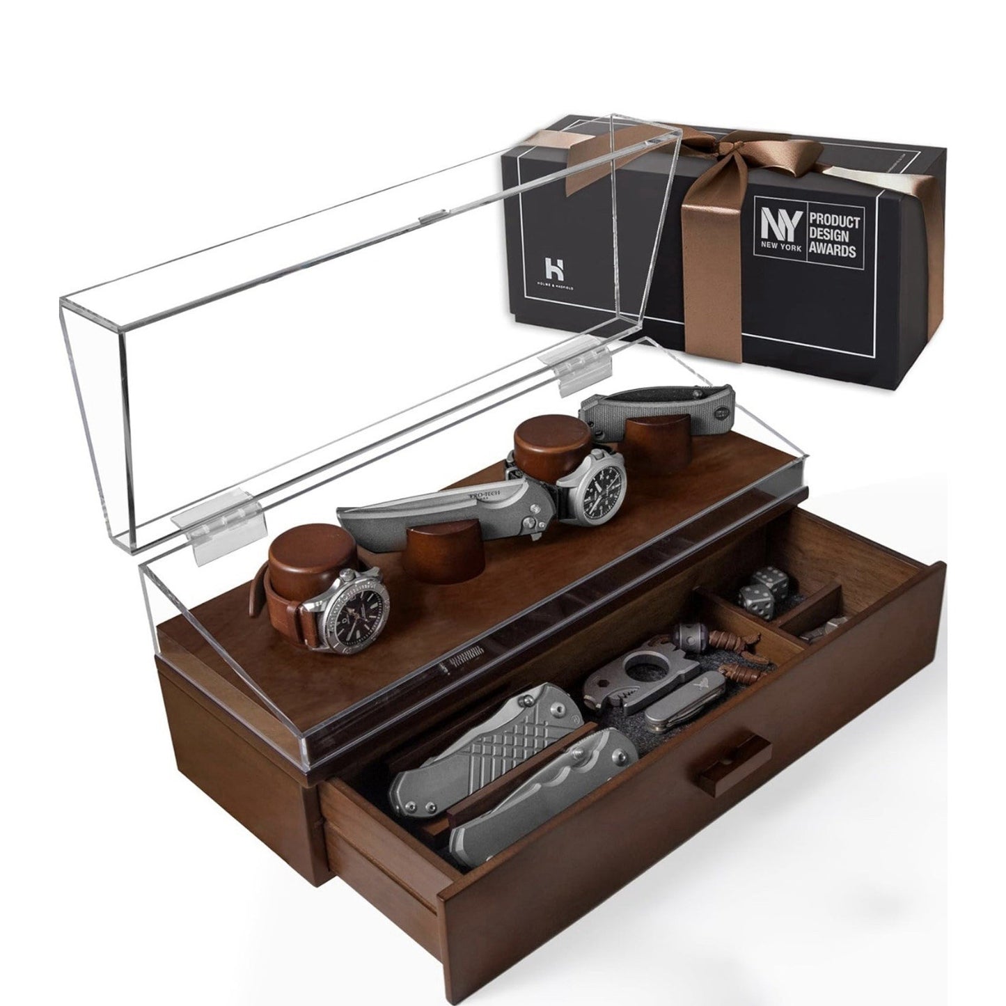 Holme & Hadfield Watch & Knife Display Case The Combo Deck - Walnut (New In Box)