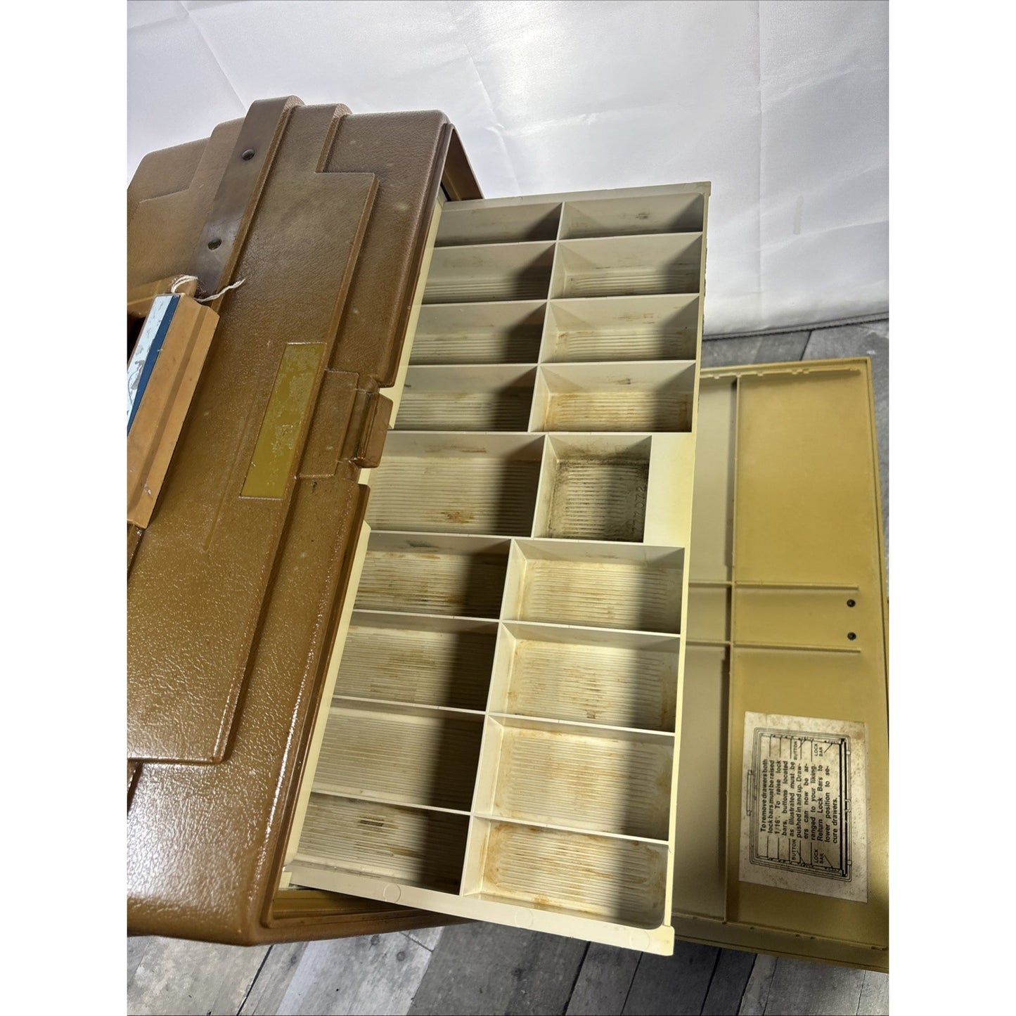 Vintage Plano 7777 Fishing Tackle Box Multi Tray Organizer Olive Tan 70s