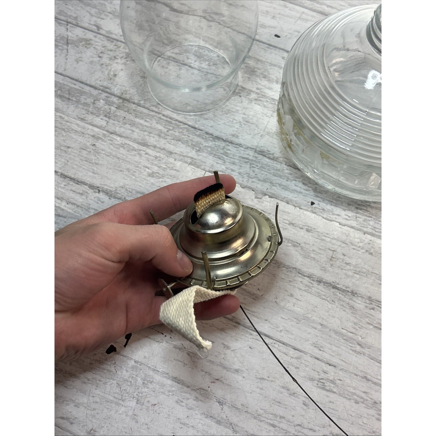 Vintage Antique Lamplight Farms Oil Lamp w/ Thick Glass Etched Base