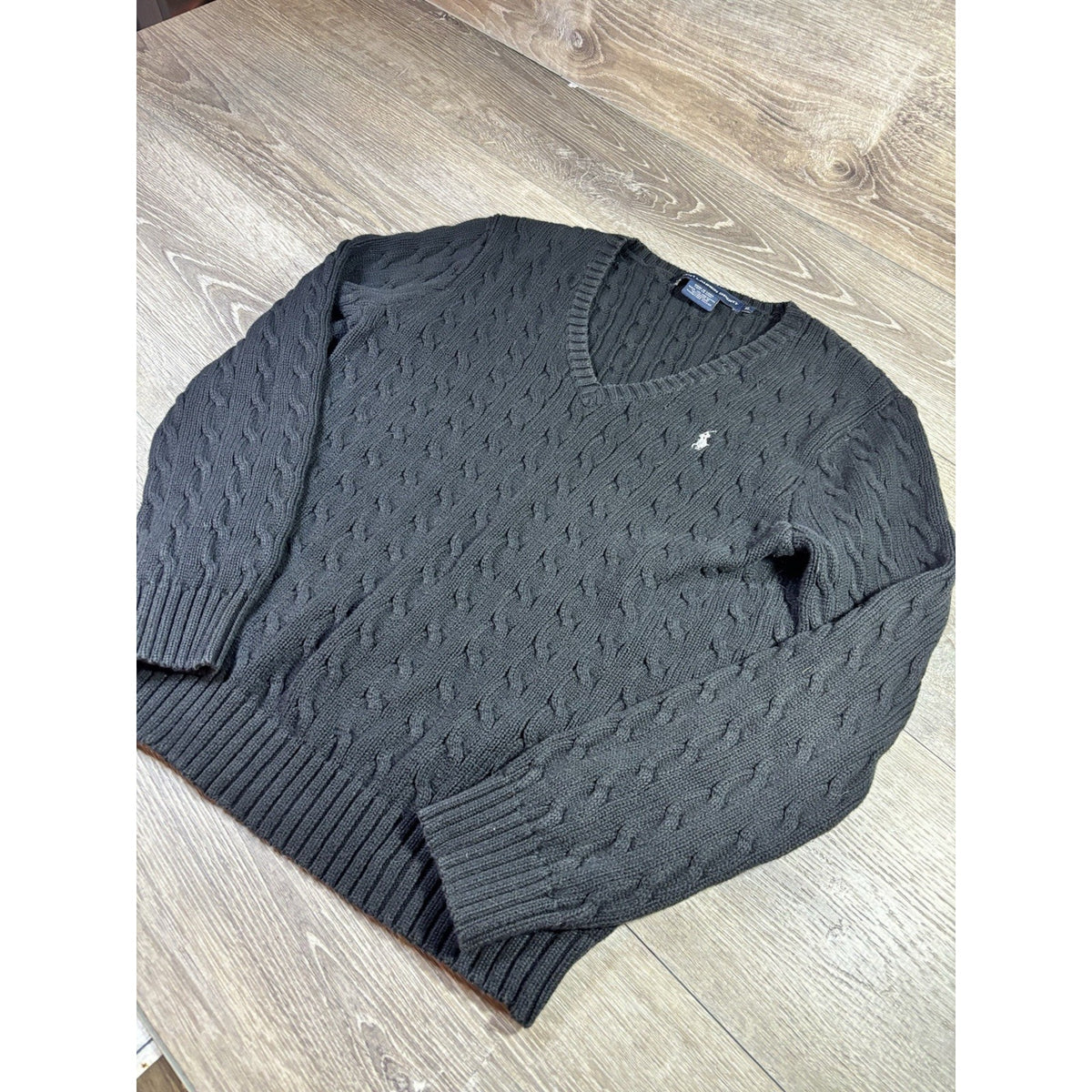Ralph Lauren Sport V-Neck Cable Knit Sweater Women’s Sz XL Black Cotton