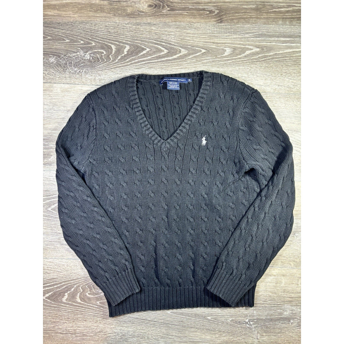 Ralph Lauren Sport V-Neck Cable Knit Sweater Women’s Sz XL Black Cotton
