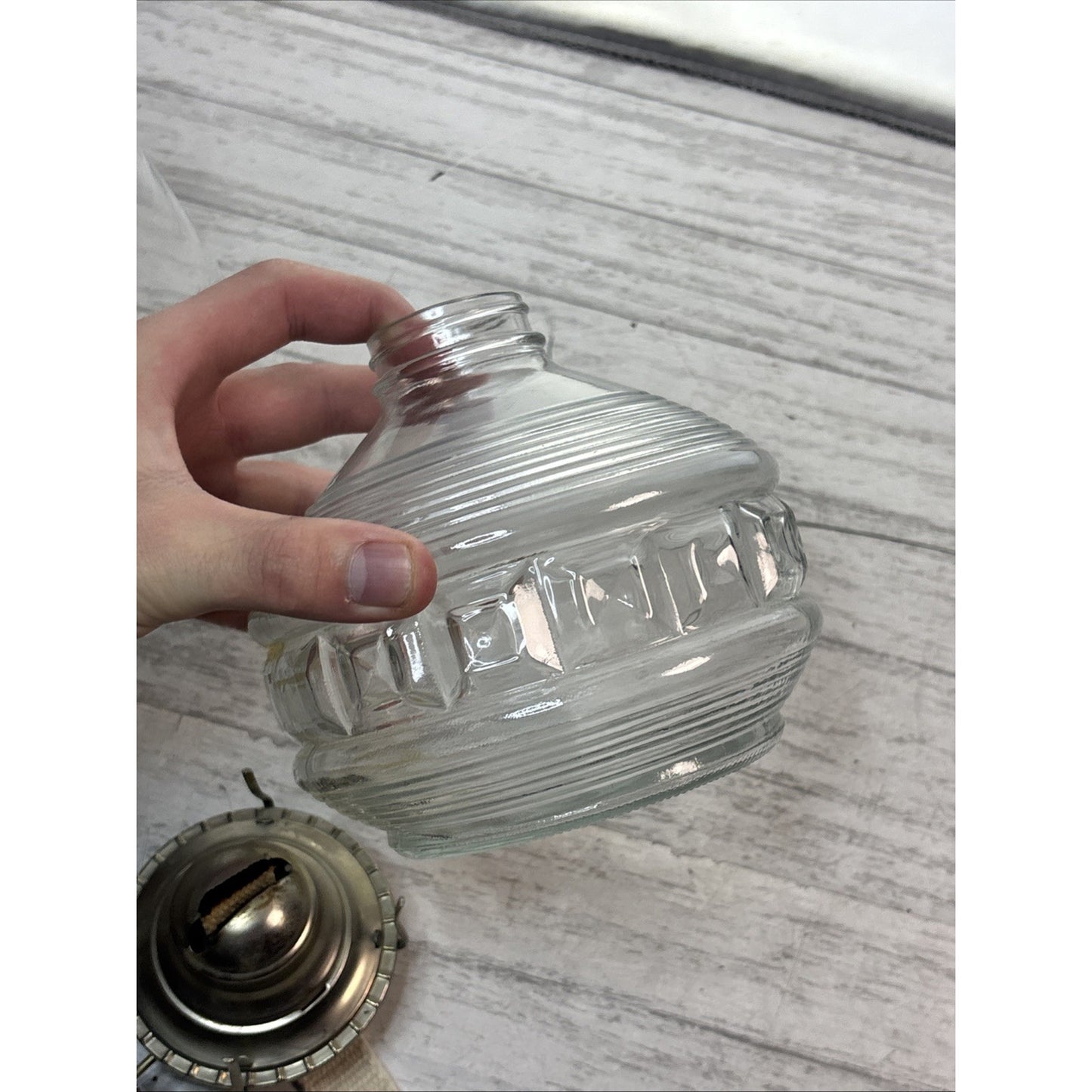 Vintage Antique Lamplight Farms Oil Lamp w/ Thick Glass Etched Base