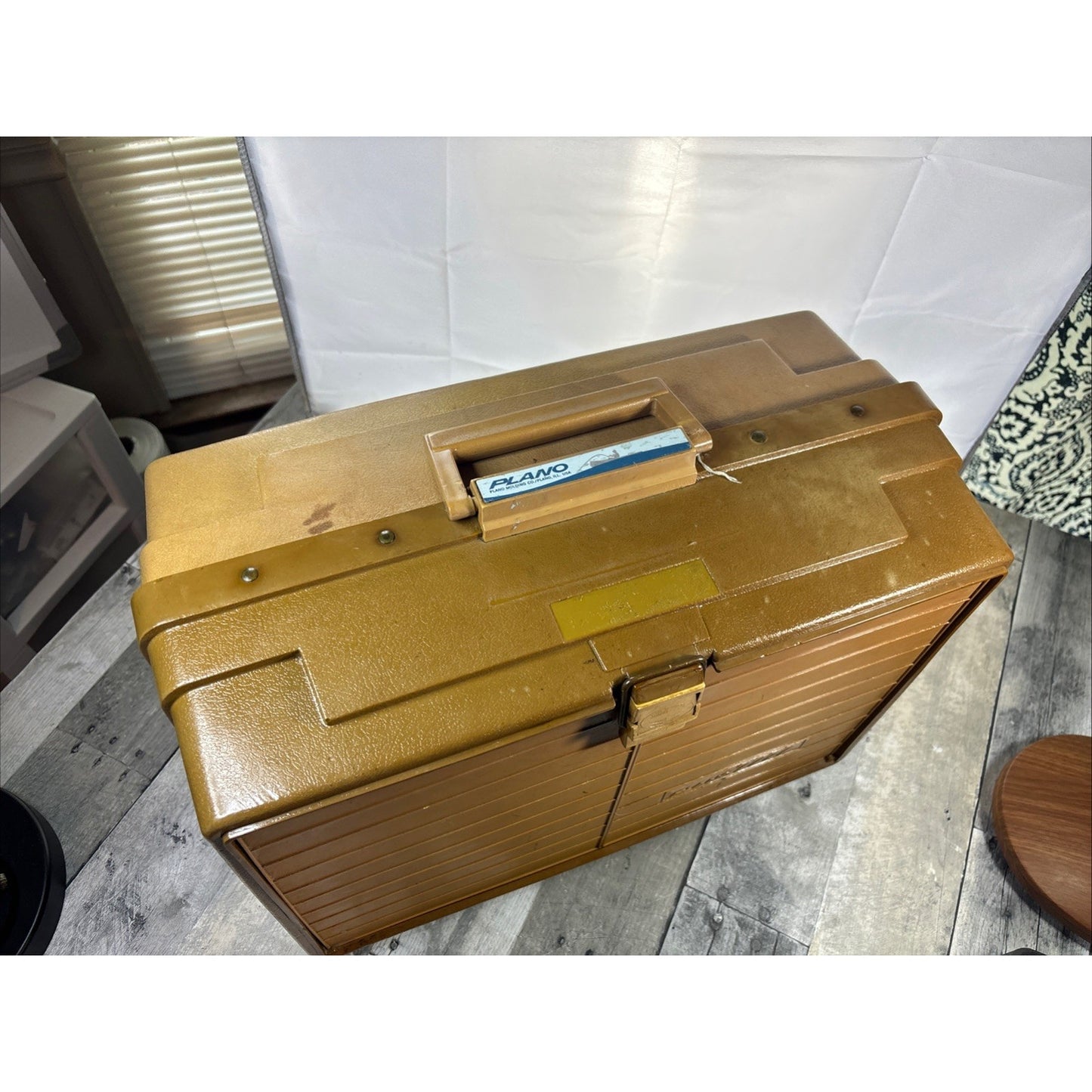 Vintage Plano 7777 Fishing Tackle Box Multi Tray Organizer Olive Tan 70s