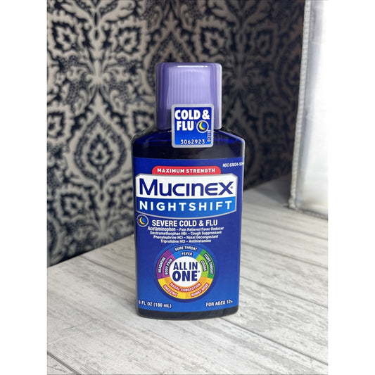 Mucinex Fast Max and Nightshift Cold & Flu + Severe All In One 6 oz (Exp 05/27)