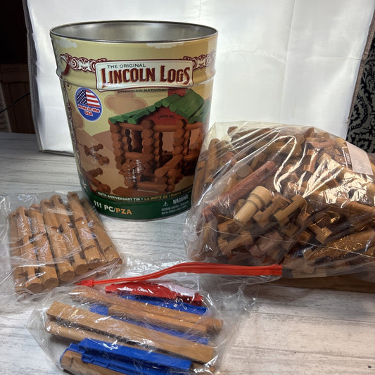 Lincoln Logs K'nex 100th Anniversary Tin Wood Pcs USA Incomplete