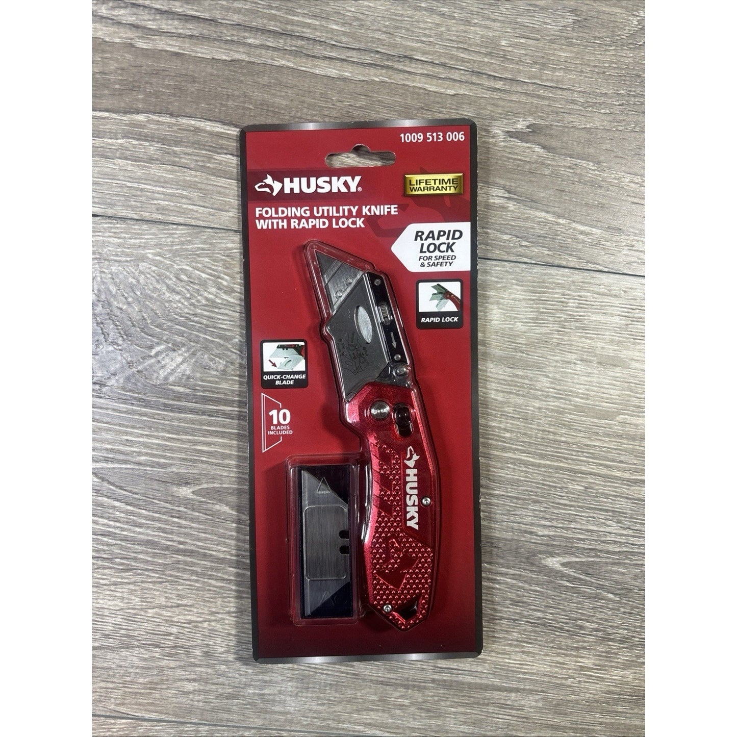HUSKY Folding Utility Knife, Red, Rapid Lock & Textured Grip w/ Ten Xtra Blades