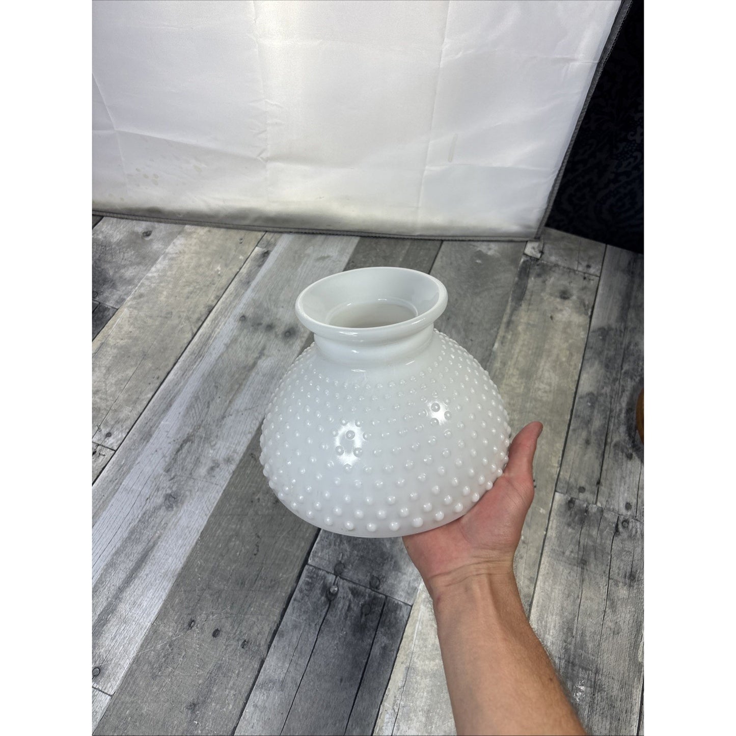 VTG White Milk Glass Hobnail Hurricane Lamp Shade 7-7/8" x 5-1/2" Fitter Salvage