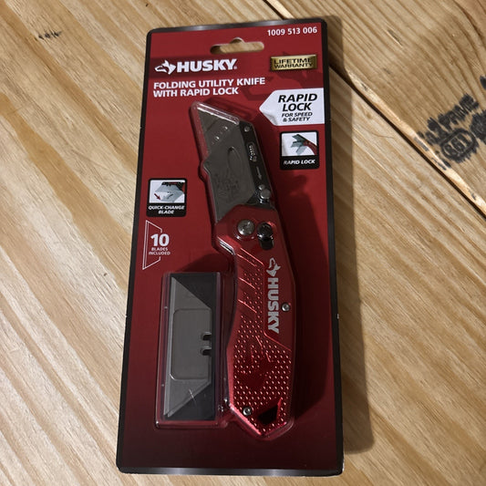 HUSKY Folding Utility Knife, Red, Rapid Lock & Textured Grip w/ Ten Xtra Blades
