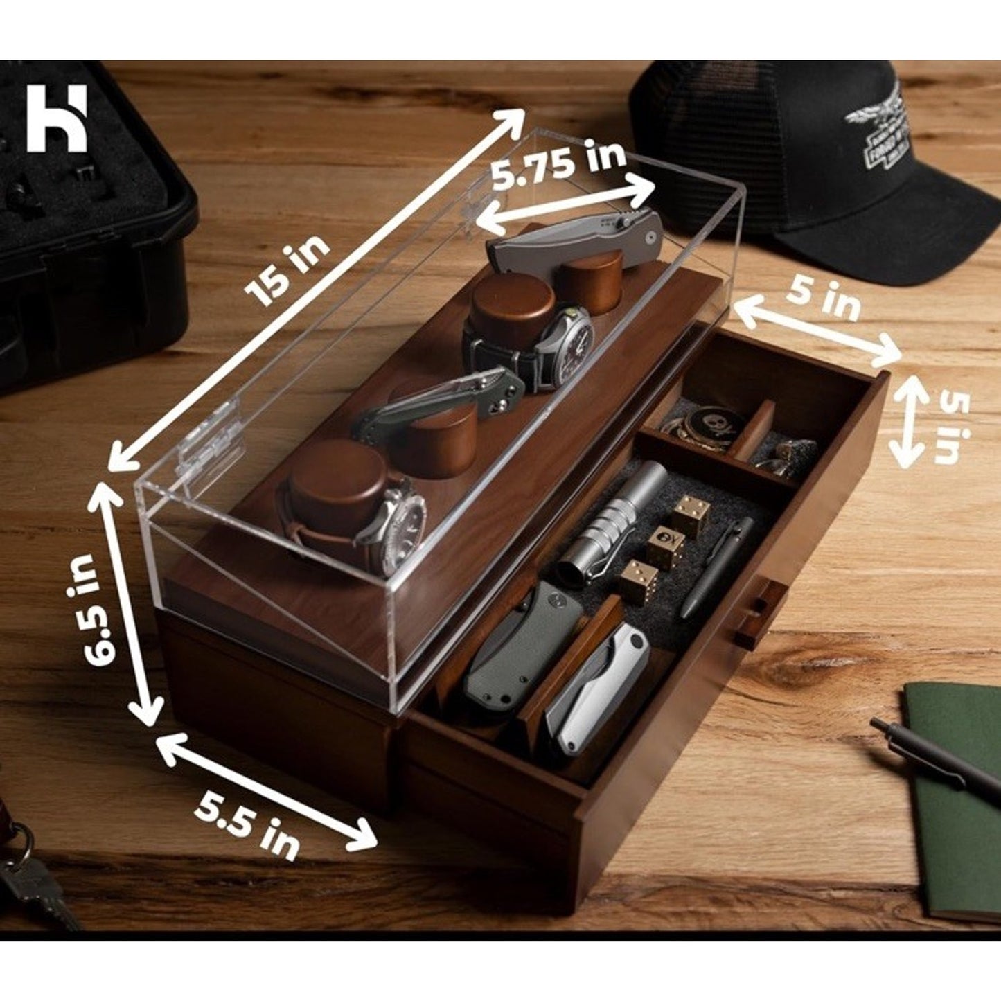 Holme & Hadfield Watch & Knife Display Case The Combo Deck - Walnut (New In Box)