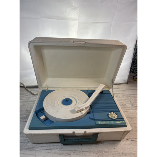 CONCERT HALL Record Player 12x8" Model 211B. White With Blue Handle