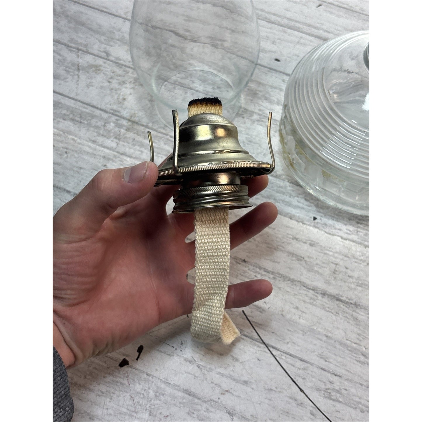 Vintage Antique Lamplight Farms Oil Lamp w/ Thick Glass Etched Base