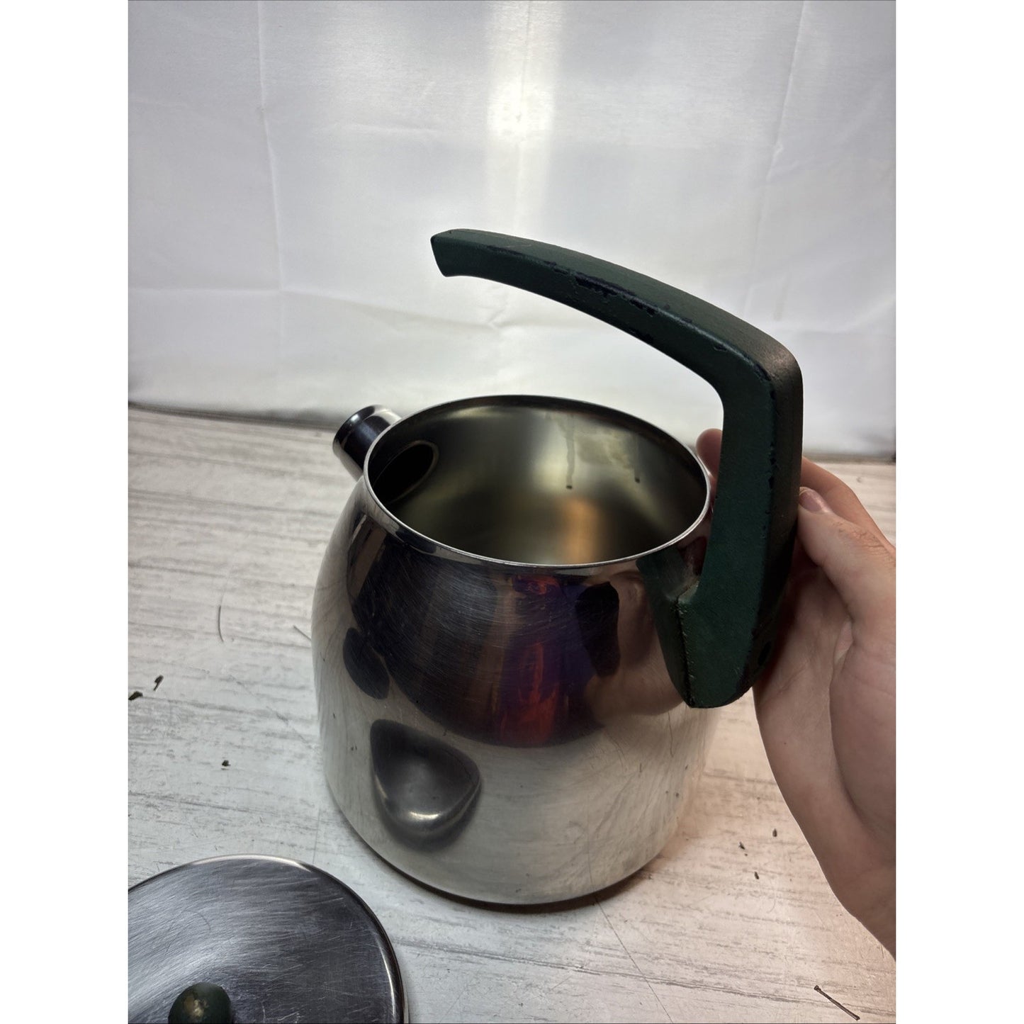 Mepra Whistling Tea Pot Kettle Stainless Steel with Green Handle Made In Italy