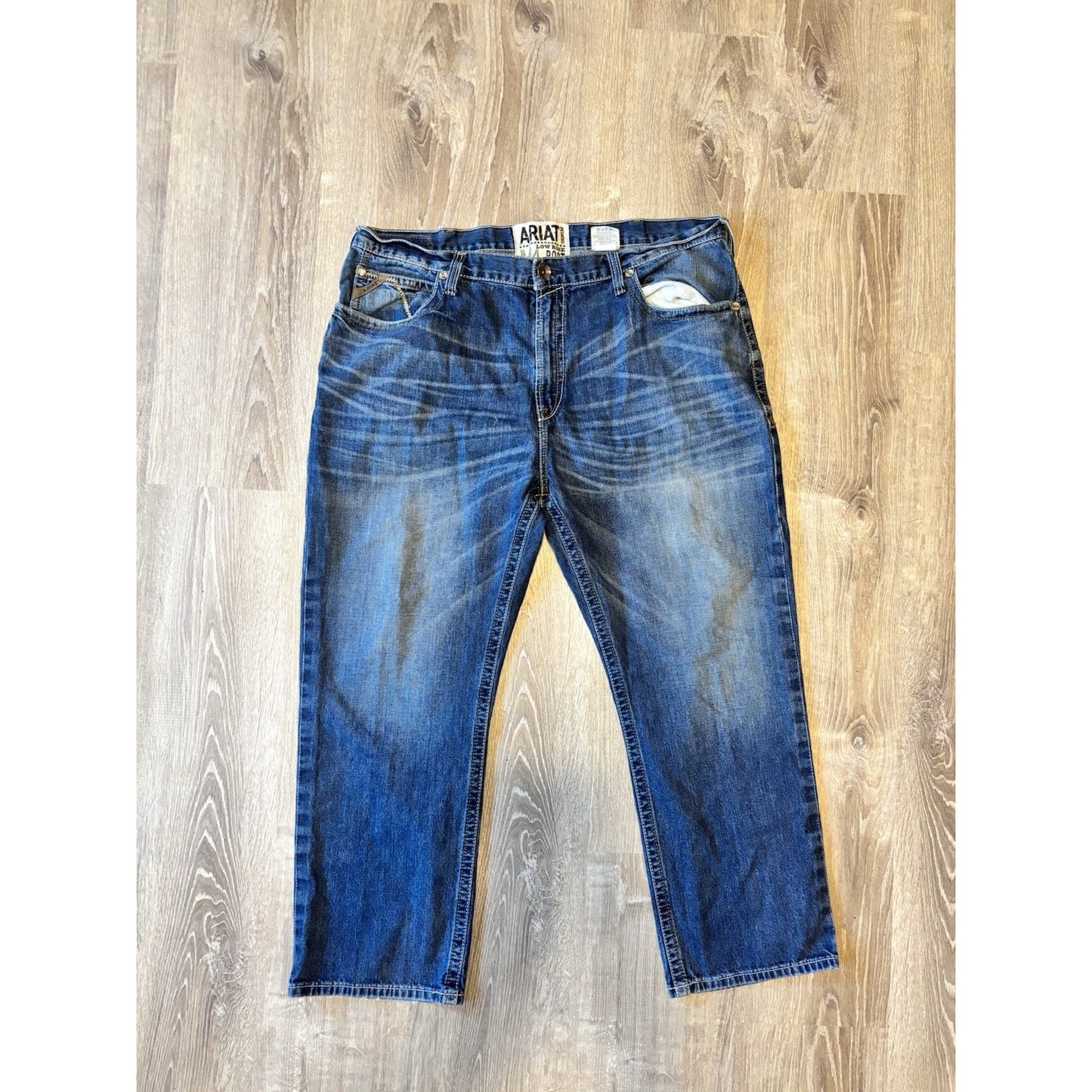 Ariat FR M4 Bootcut Low Rise Med Wash Blue Denim Cotton Jeans Mens 34x32 Flame